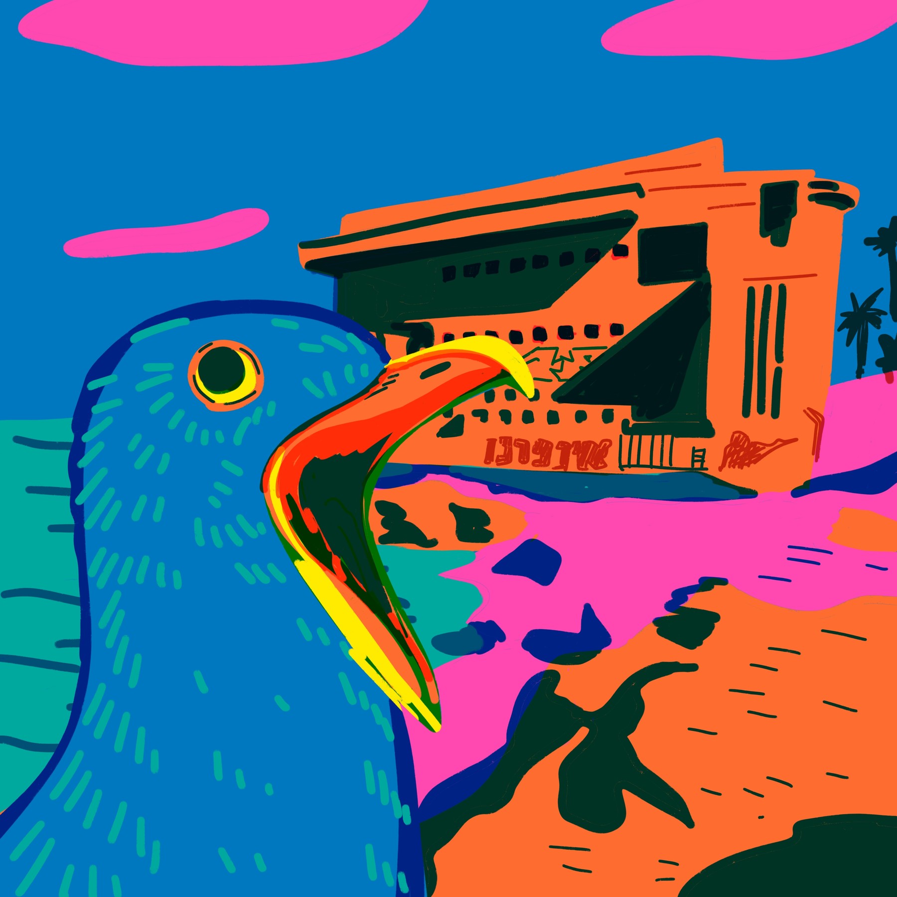 Bird before a concrete building
