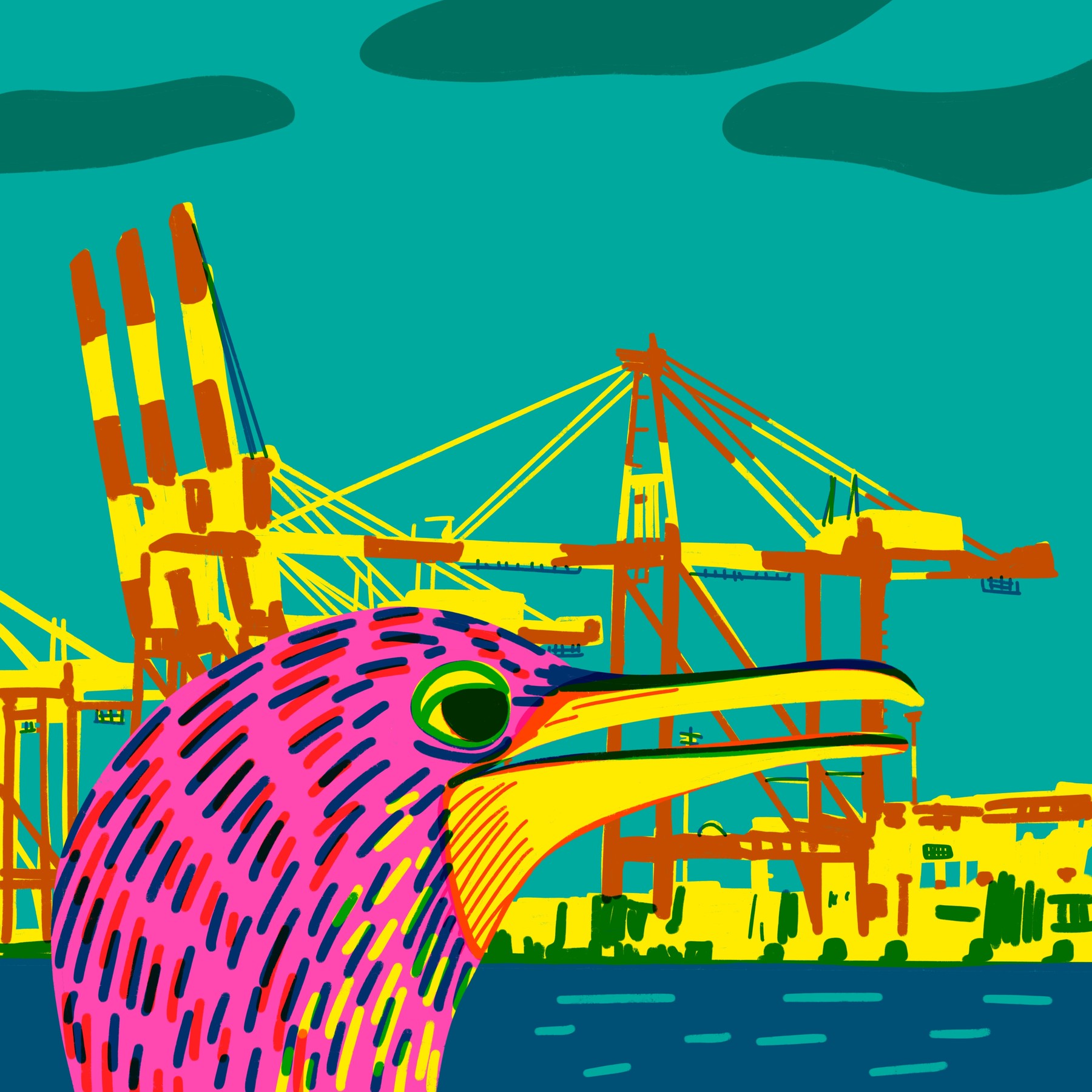 Bird against the port cranes