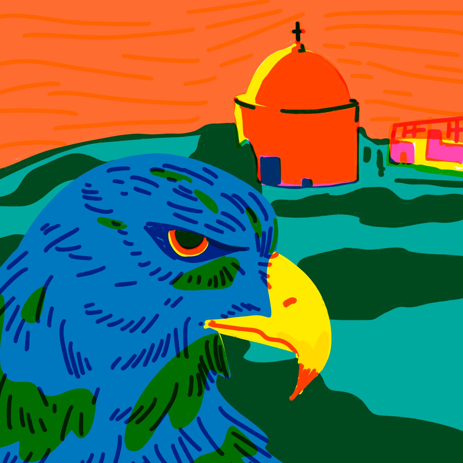 Bird of prey before a domed building