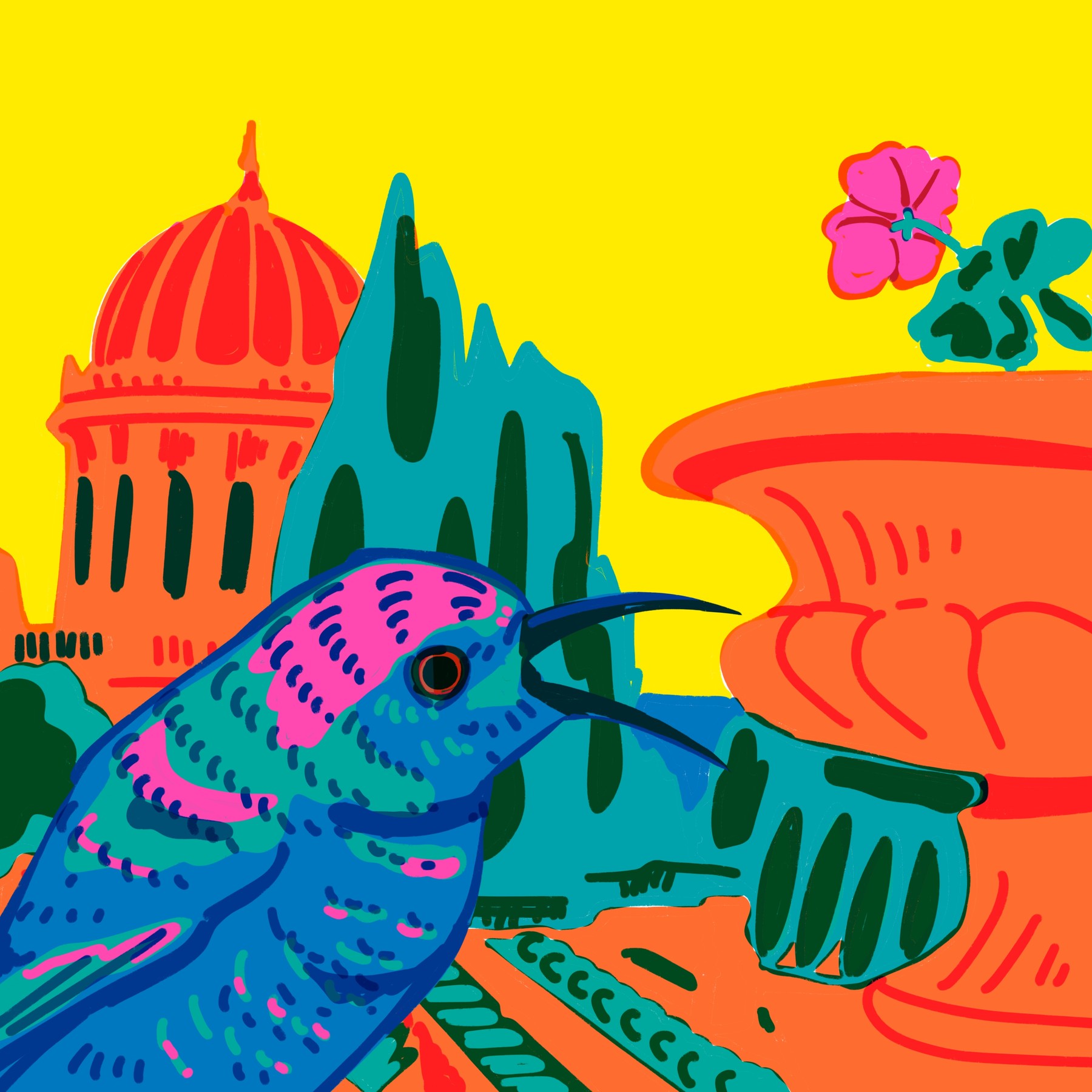 Bird among flowers before a dome