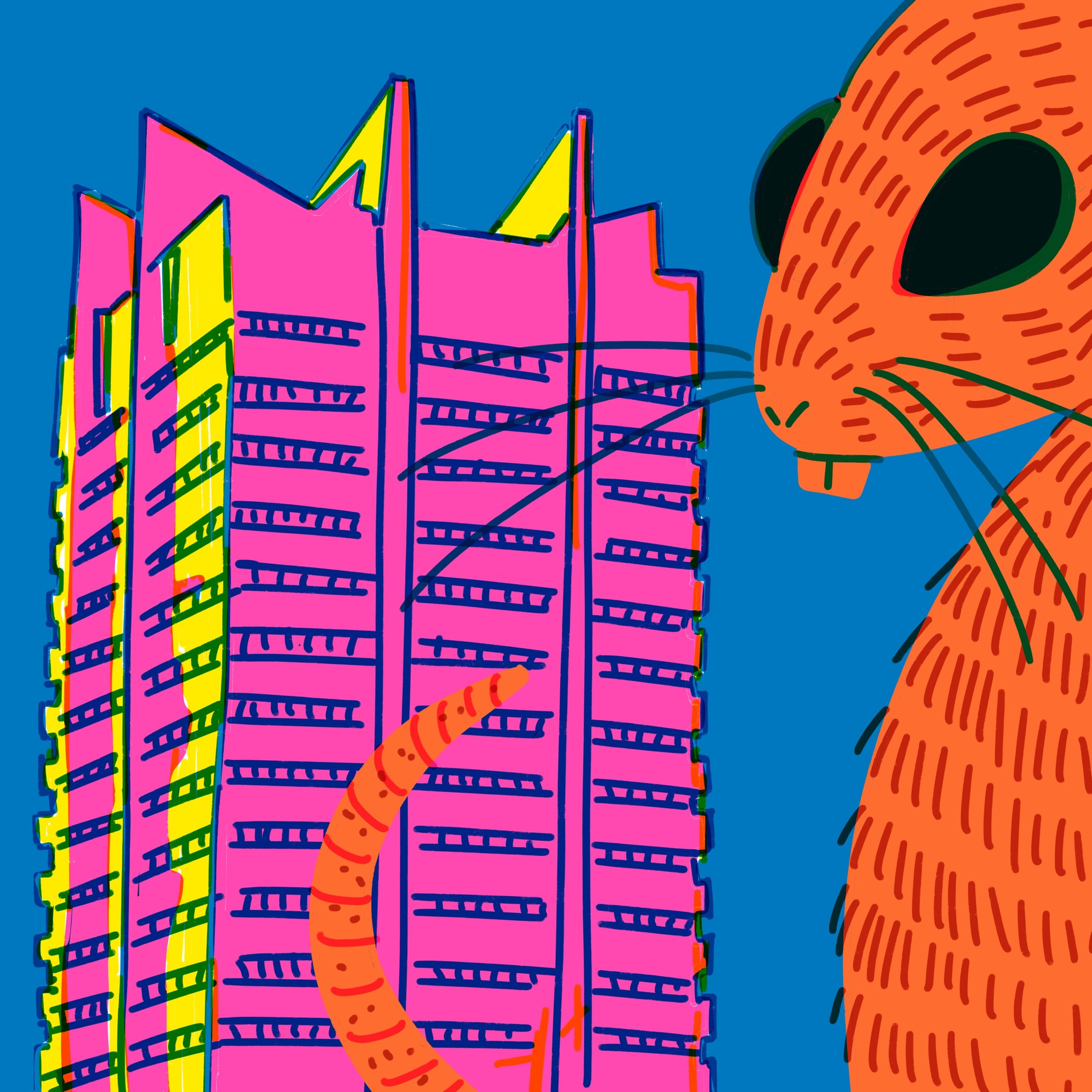 Animal before pink towers