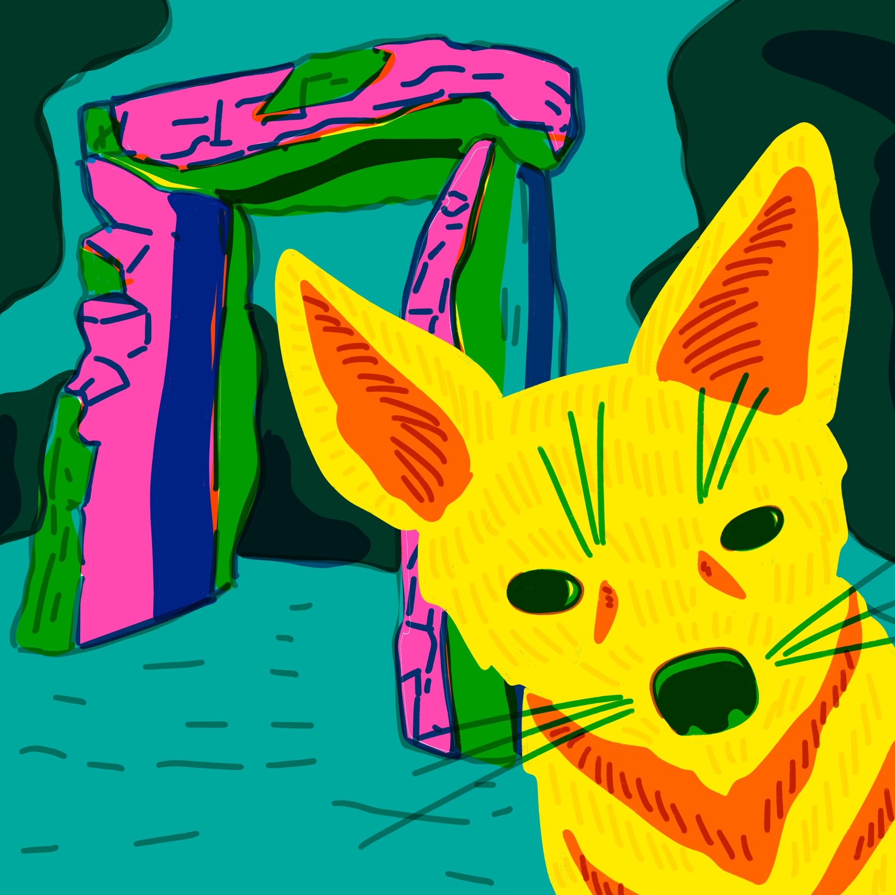 Fox before a stone arch