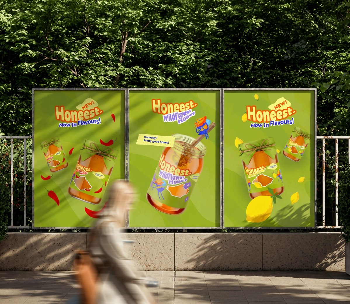 Three posters on a street billboard