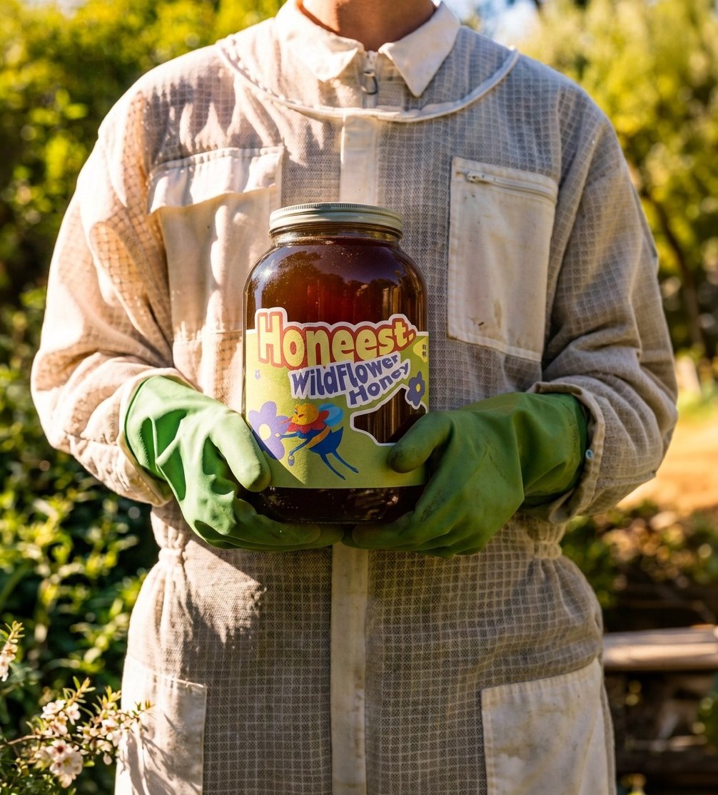 Beekeeper holding a wildflower honey jar