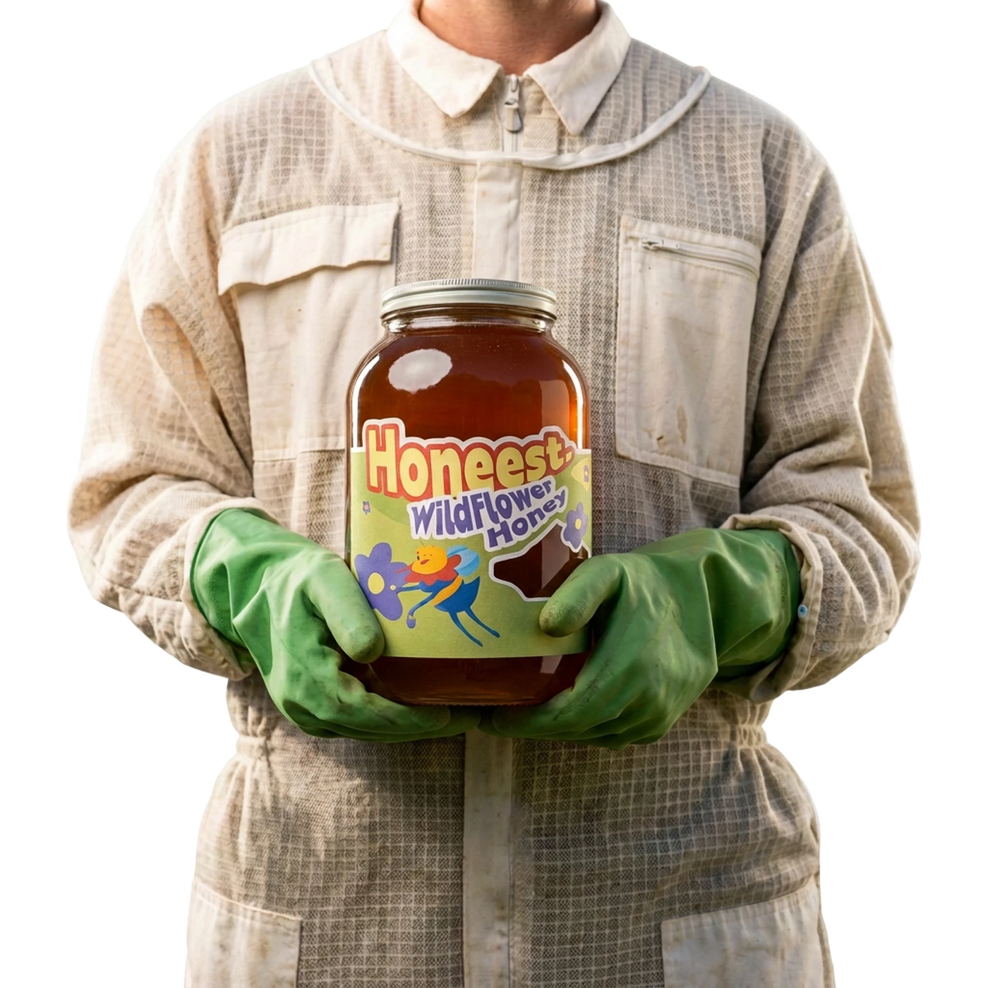 A beekeeper holding a jar of Honeest wildflower honey