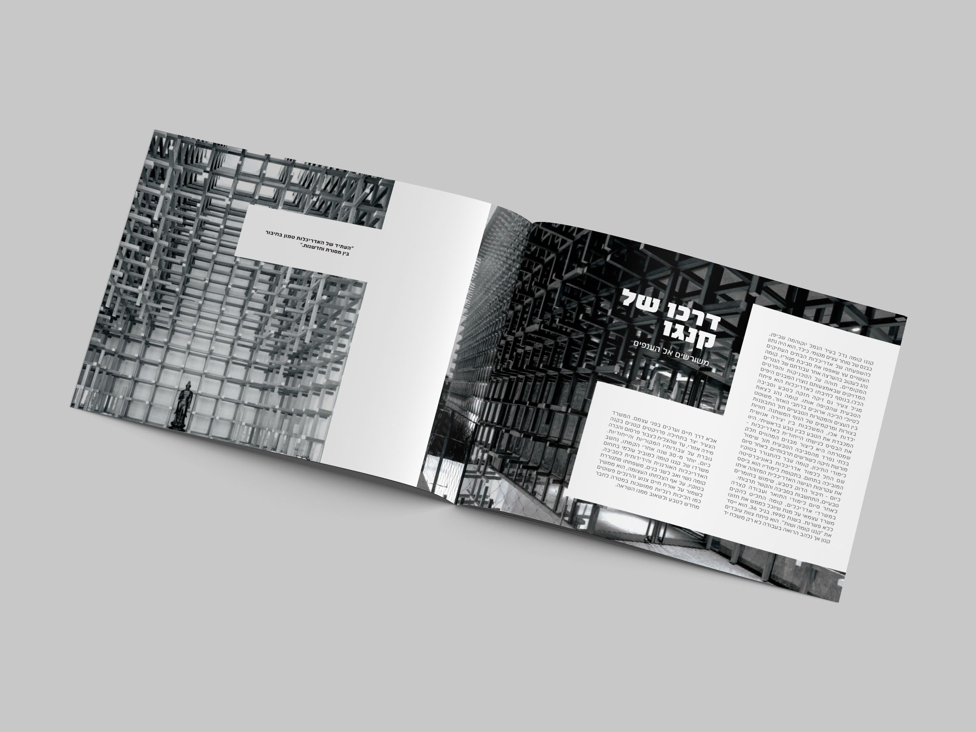 An inside spread, a photograph running to the edge with a block of text held in a white panel